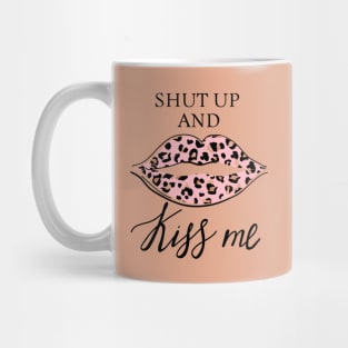 Fashion print with slogan. Kiss with leopard lipstick. Stylish woman lips. Mug